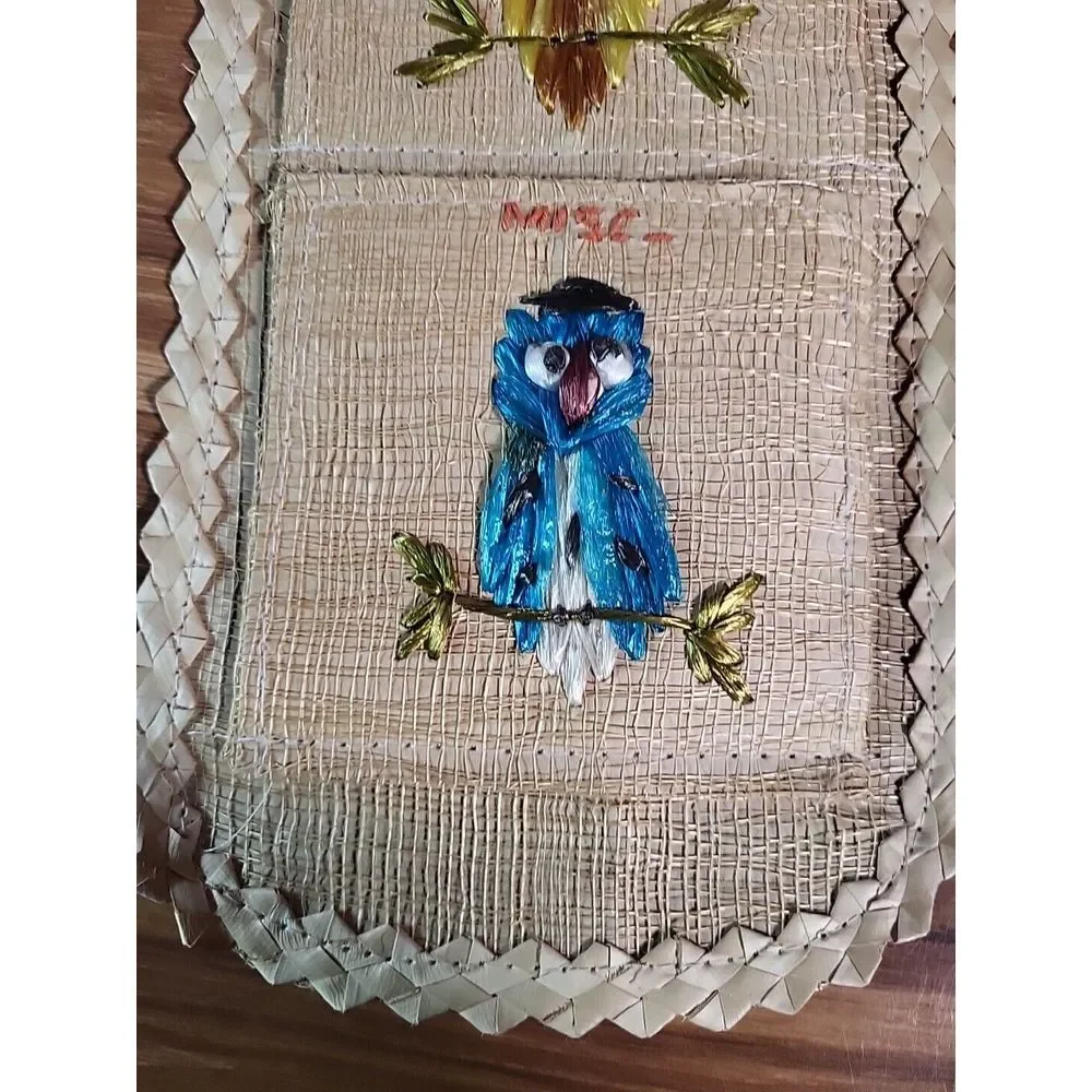 Vtg MCM‎ Owl Straw Woven Mail Organizer Letter Bills Boho Wall Hanging Hippie